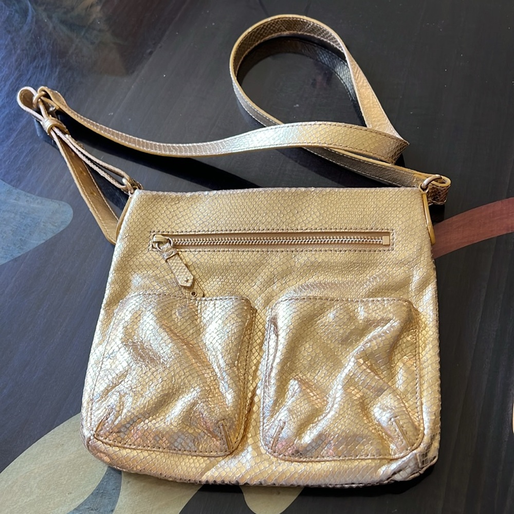 NWOT Cole Haan Gold Metallic Reptile Embossed Crossbody Travel Bag Crossbody Bag